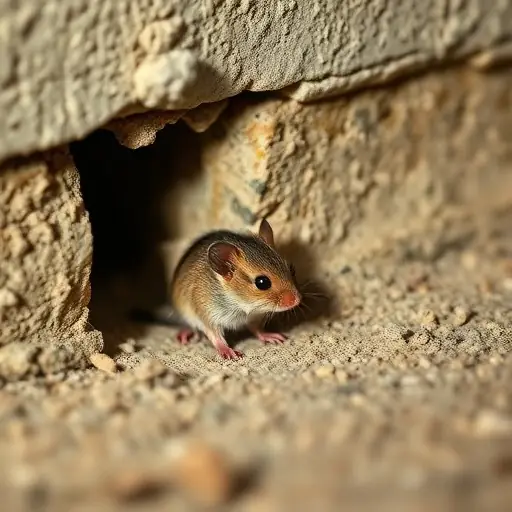 A field mouse beside a basement foundation gap